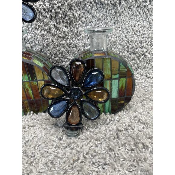 Decorative Glass Bottle With a Mosaic Design Flower Shaped Stopper Set Of 2 - Picture 4 of 9